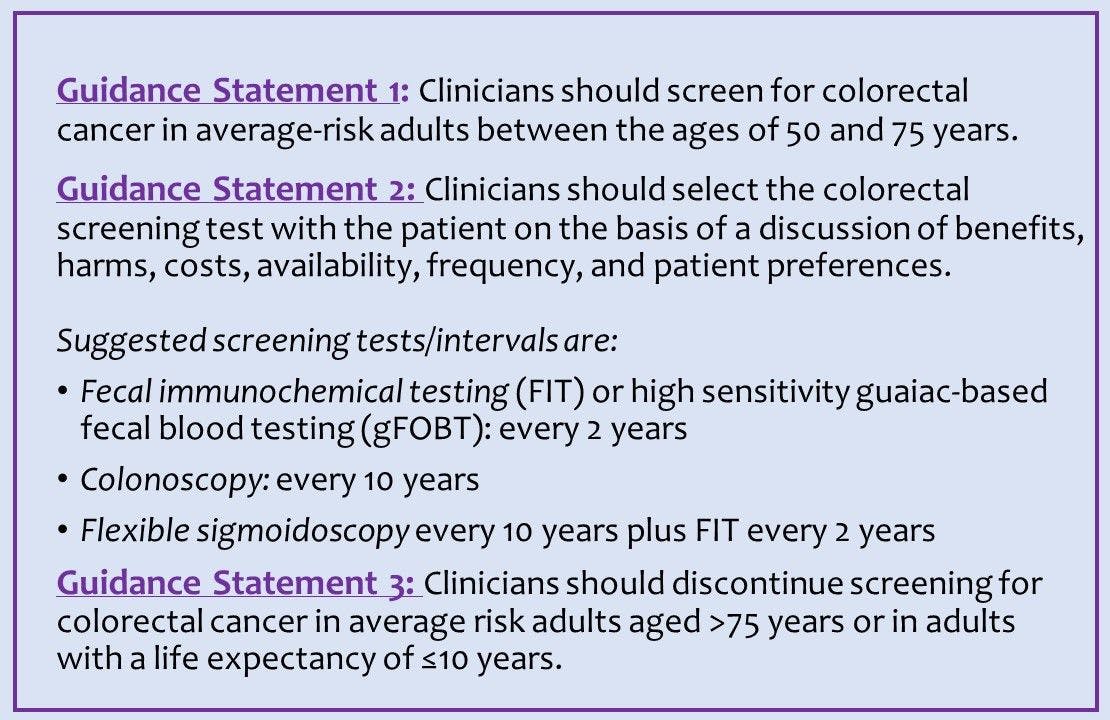 American college of physicians guidance statment on colorectal cancer screening 