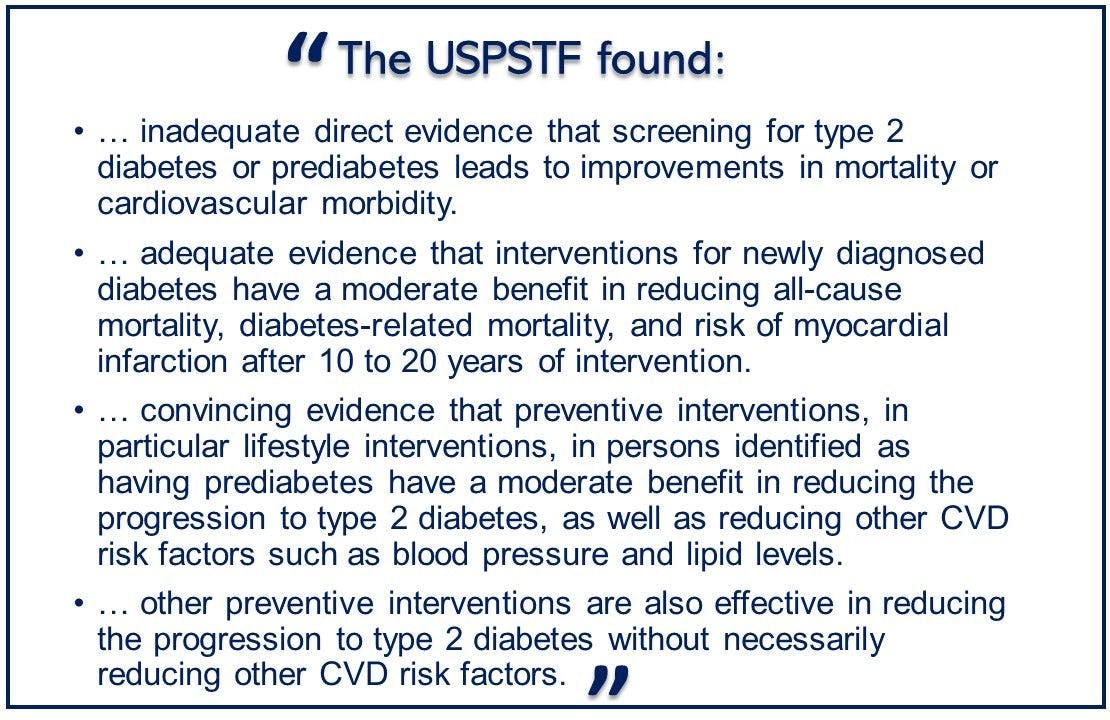 Summary of USPSTF recommendations for screening for diabetes, prediabetes 